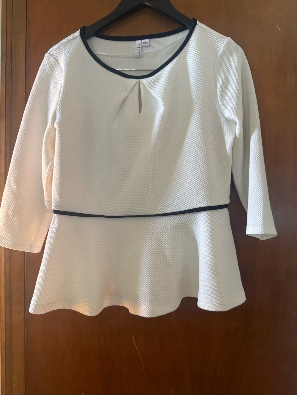 Elle White Peplum Tunic with Black Contrast Trim